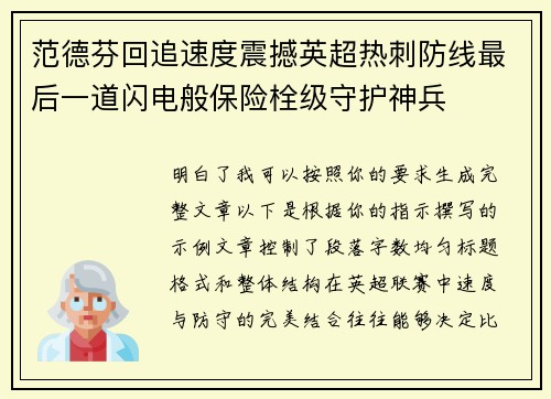 范德芬回追速度震撼英超热刺防线最后一道闪电般保险栓级守护神兵 范德芬回追速度震撼英超热刺防线最后一道闪电般保险栓级守护神兵