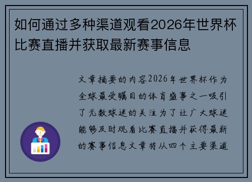 如何通过多种渠道观看2026年世界杯比赛直播并获取最新赛事信息 如何通过多种渠道观看2026年世界杯比赛直播并获取最新赛事信息